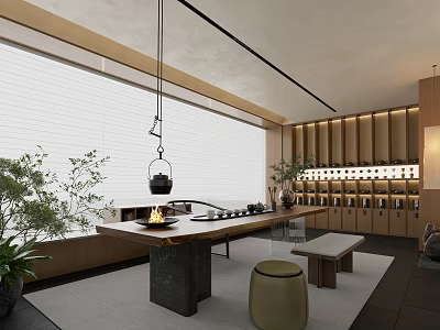 Traditional Tea Room Interior With Wooden Table Tea Sets And Hanging Lantern 3d model