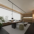 Traditional Tea Room Interior With Wooden Table Tea Sets And Hanging Lantern