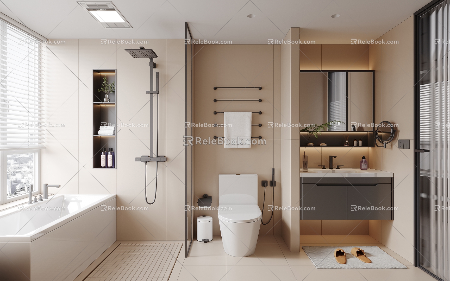 Toilet Finished Washbasin Toilet Bathtub Shower Partition Bathroom Blinds Towel Rack Carpet Trash Bin Slippers 3d model