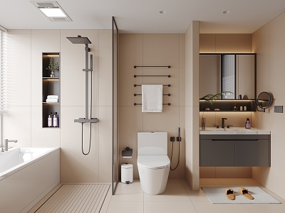 Toilet Finished Washbasin Toilet Bathtub Shower Partition Bathroom Blinds Towel Rack Carpet Trash Bin Slippers 3d model