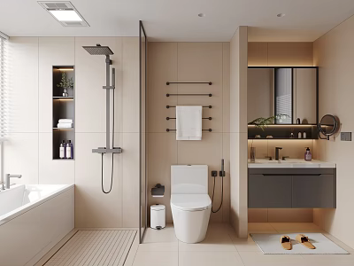Modern Bathroom Interior Design With Freestanding Bathtub Toilet Shower System And Vanity Mirror 3d model