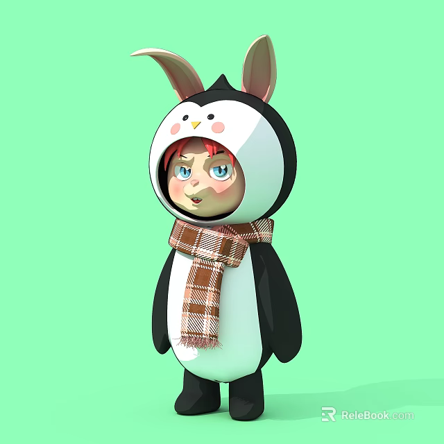 Adorable Cartoon Sculpture of Red Haired Penguin Costumed Character with Rabbit Ears and Plaid Scarf 3d model 