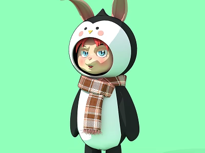 Adorable Cartoon Sculpture of Red Haired Penguin Costumed Character with Rabbit Ears and Plaid Scarf 3d model