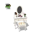 White Dressing Table with Oval Mirror Cosmetic Bottles Floral Stool and Wall Plant Pot