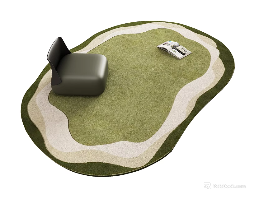 Irregular Shaped Green White Layered Rug With Single Sofa And Magazine 3d model 