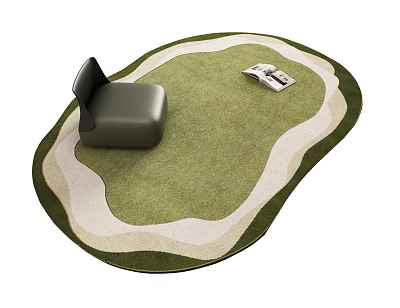 Irregular Shaped Green White Layered Rug With Single Sofa And Magazine 3d model