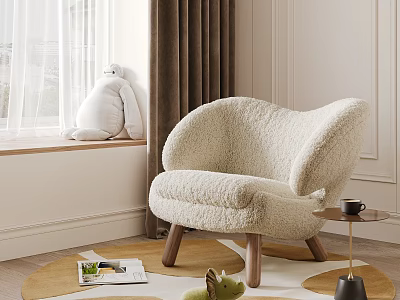 Cream Fluffy Single Sofa in Cozy Living Room with Window Curtains Stuffed Toy and Rug 3d model