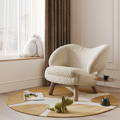 Cream Fluffy Single Sofa in Cozy Living Room with Window Curtains Stuffed Toy and Rug 3d model