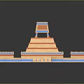Cartoon Scene Of Ancient Stepped Pyramid With Top Temple And Symmetrical Orange Blue Buildings
