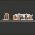 Multi Story Residential Building Model With Orange Gray Exterior Multiple Blocks And Green Belt