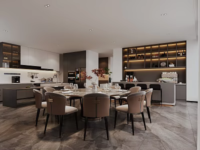 Modern Restaurant Interior With Dining Table Chairs Kitchen Shelves And Flowers 3d model