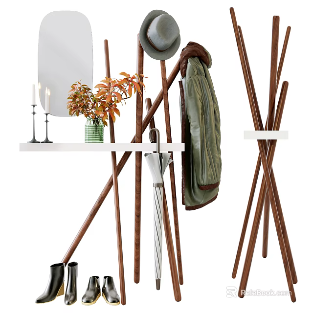 Modern Wooden Coat Rack With Hanging Jacket Hat And Small Shelf For Home Decor 3d model 