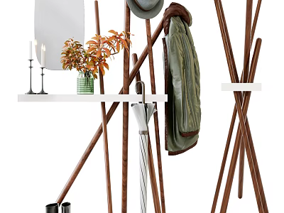 Modern Wooden Coat Rack With Hanging Jacket Hat And Small Shelf For Home Decor 3d model