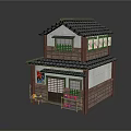 Cartoon Scene Of Traditional Japanese Two Story House With Black Tile Roof And Wooden Structure