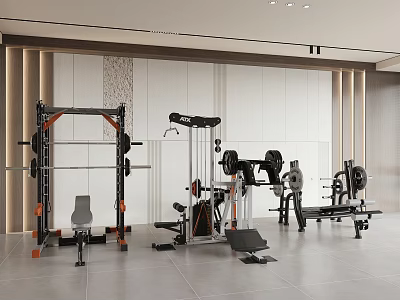 Modern Gym Workout Space With Various Strength Training Equipment And Barbells 3d model