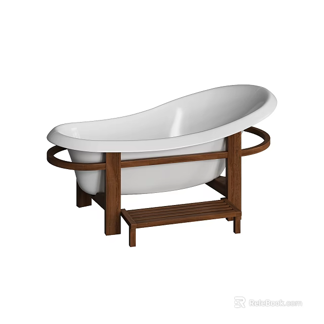 Freestanding White Oval Bathtub With Brown Wooden Stand And Pedestal Step 3d model 