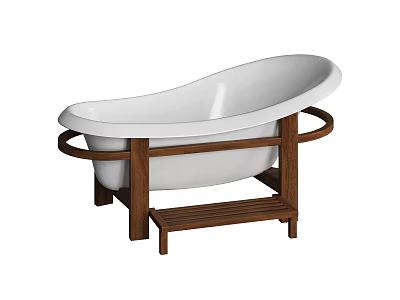 Freestanding White Oval Bathtub With Brown Wooden Stand And Pedestal Step 3d model