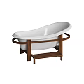 Freestanding White Oval Bathtub With Brown Wooden Stand And Pedestal Step