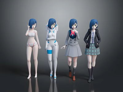 Four Blue Haired Female Characters Displaying Different Outfits and Styles 3d model