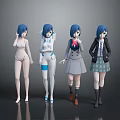 Four Blue Haired Female Characters Displaying Different Outfits and Styles 3d model