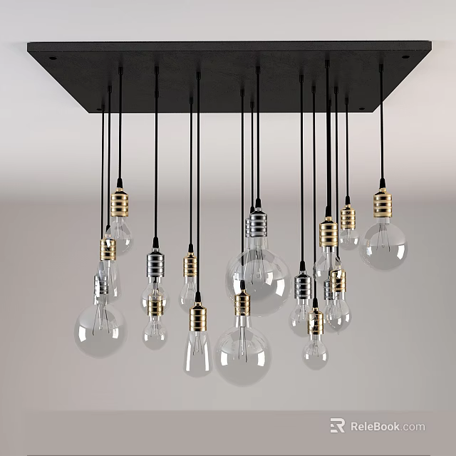 Modern Chandelier With Multiple Clear Glass Bulbs And Golden Bases Hanging From Black Plate 3d model 