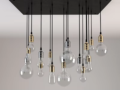 Modern Chandelier With Multiple Clear Glass Bulbs And Golden Bases Hanging From Black Plate 3d model