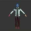 Male Character in White Black Jacket with Blue Logo and Outstretched Arms Gray Background