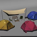 Colorful Camping Tents with White Canopy Tables and Chairs Setup