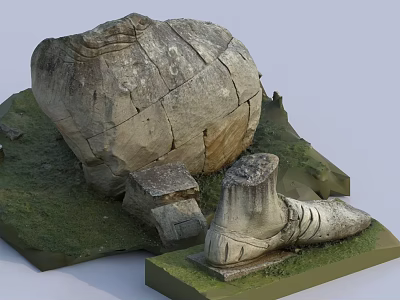 Large Cracked Stone Block And Wooden Stump Model On Green Grass Base 3d model