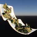 Detailed Scroll Sculpture Carving with Mountain Landscape Ancient Buildings and Trees