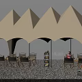 Stylish Outdoor Tables Under Beige Tent Canopy With Chairs Plants And Fruit Crates