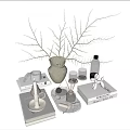 Stylish Home Decor Setup With Vase Branches Candles Glassware And Books 3d model