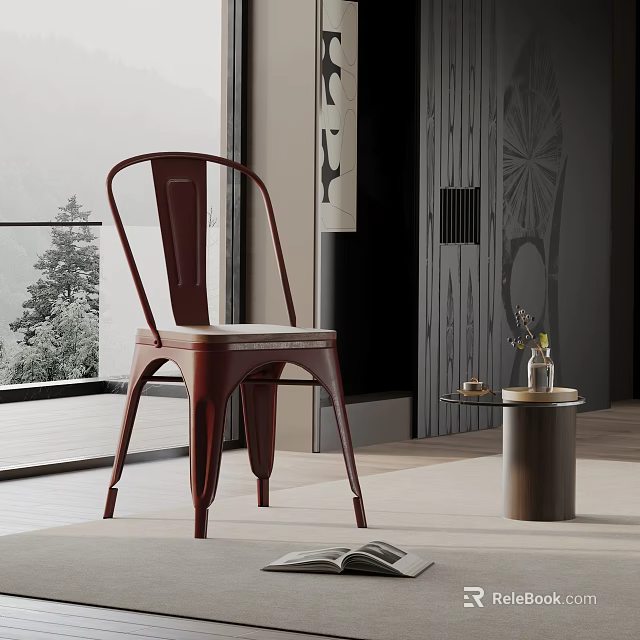 Modern Red Metal Dining Chair With Curved Backrest In Bright Living Room With Small Table 3d model 