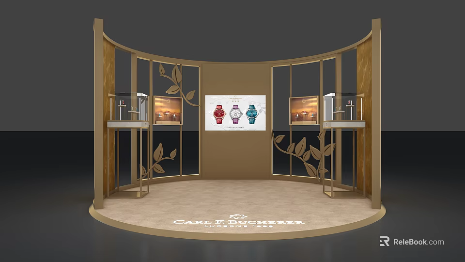 Golden Curved Exhibition Booth With Watch Displays And Glass Shelves 3d model 