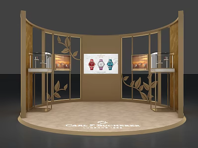 Golden Curved Exhibition Booth With Watch Displays And Glass Shelves 3d model