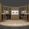 Golden Curved Exhibition Booth With Watch Displays And Glass Shelves