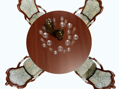 Classic Wooden Round Dining Table Set With Four Patterned Chairs Glass Goblets And Candle Holders 3d model