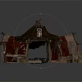 Medieval Market Stall With Wooden Frame Red Cloth Canopy Display Tables And Crate Boxes