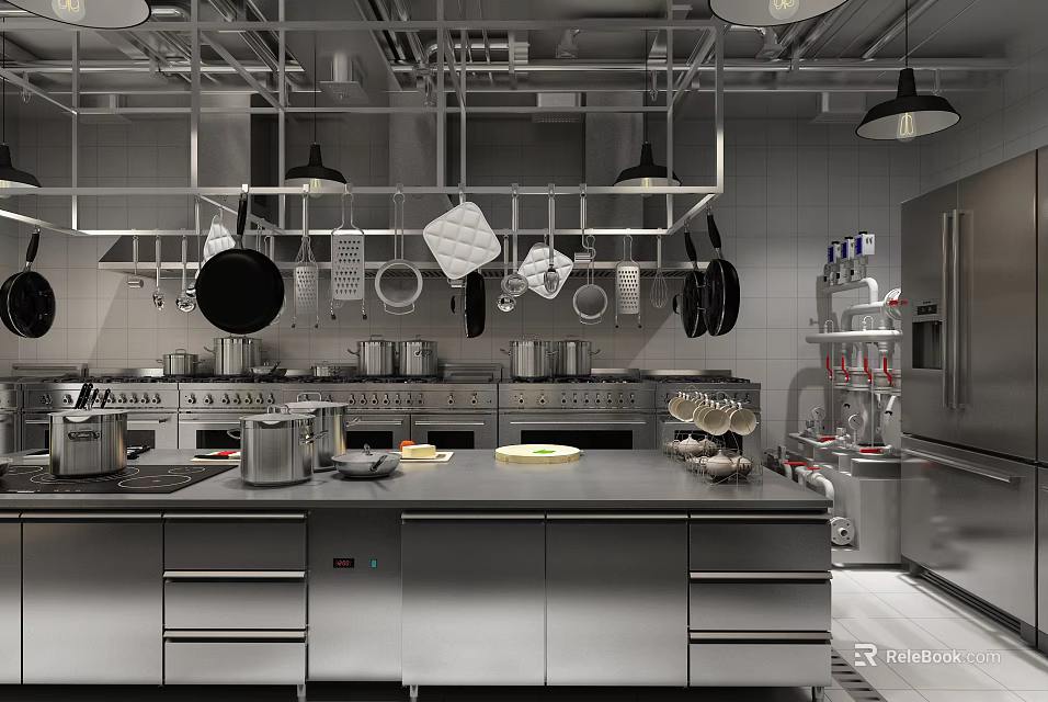 Commercial Kitchen Setup With Stainless Steel Workbench Hanging Cookware And Kitchen Appliances 3d model 