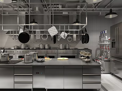 Commercial Kitchen Setup With Stainless Steel Workbench Hanging Cookware And Kitchen Appliances 3d model