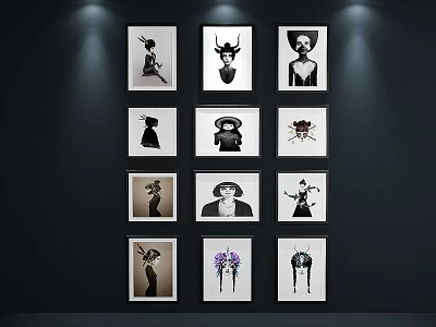 Black And White Framed Portrait Paintings Wall Art Display With Various Figures 3d model