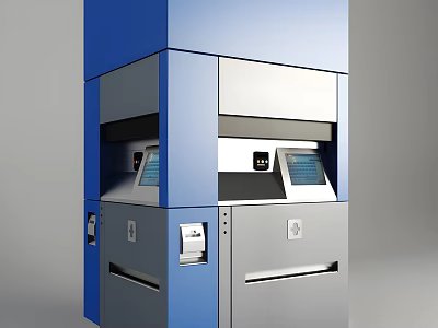 Blue and Silver Commercial Self Service Kiosk with Dual Units Display Screens and Control Panels 3d model