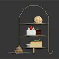 Three Tier Gold Metal Stand Displaying Assorted Desserts Cake Slices Ice Cream And Fresh Strawberry