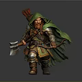 A Man In Green Cloak And Armor Holding Axe And Bow With Feathered Helmet