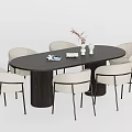 Modern Oval Black Dining Table Set With Six Light Colored Chairs And Decorative Vase 3d model
