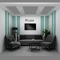 Modern Lounge Area Interior with Atlantis Sign Grey Sofa Armchairs Coffee Table TV and Plant