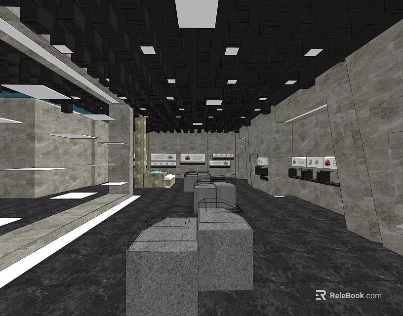 Modern Interior Space With Gray Walls Black Ceiling Square Lights And Display Shelves 3d model