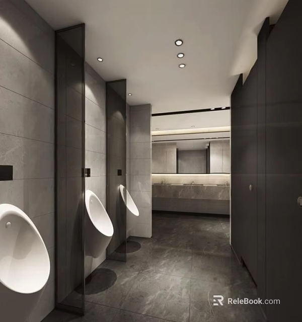 Modern Public Restroom Interior With Gray Tiled Walls Urinals And Recessed Lighting 3d model 