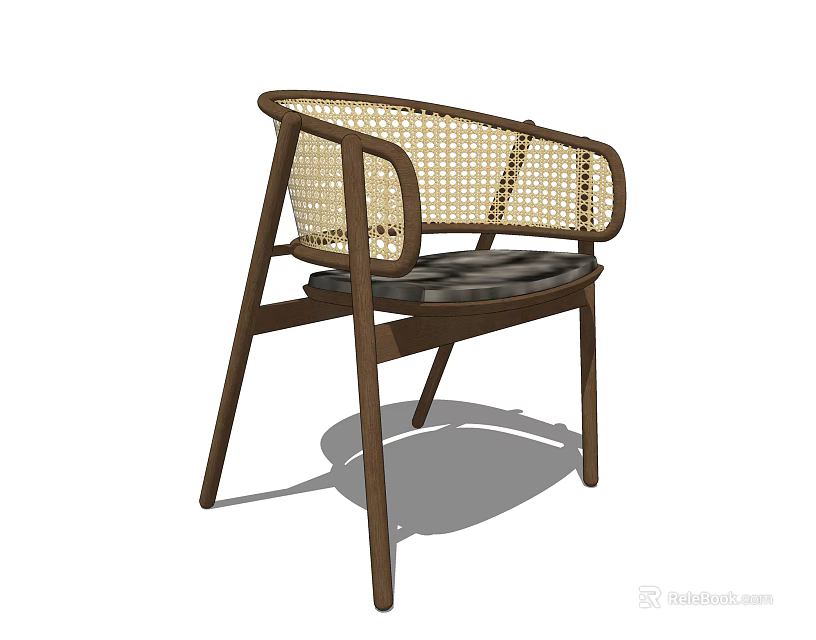 Modern Dark Brown Wooden Frame Dining Chair With Rattan Backrest And Cushioned Seat 3d model 