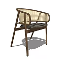 Modern Dark Brown Wooden Frame Dining Chair With Rattan Backrest And Cushioned Seat